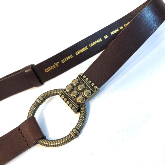 CHICOs Brown Leather Brass Buckle Slide Adjusting Belt - Picture 1 of 6